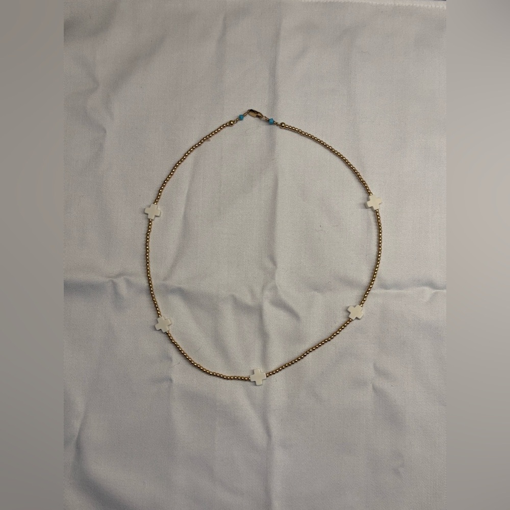 Gold Bead Necklace with White Cross Charms